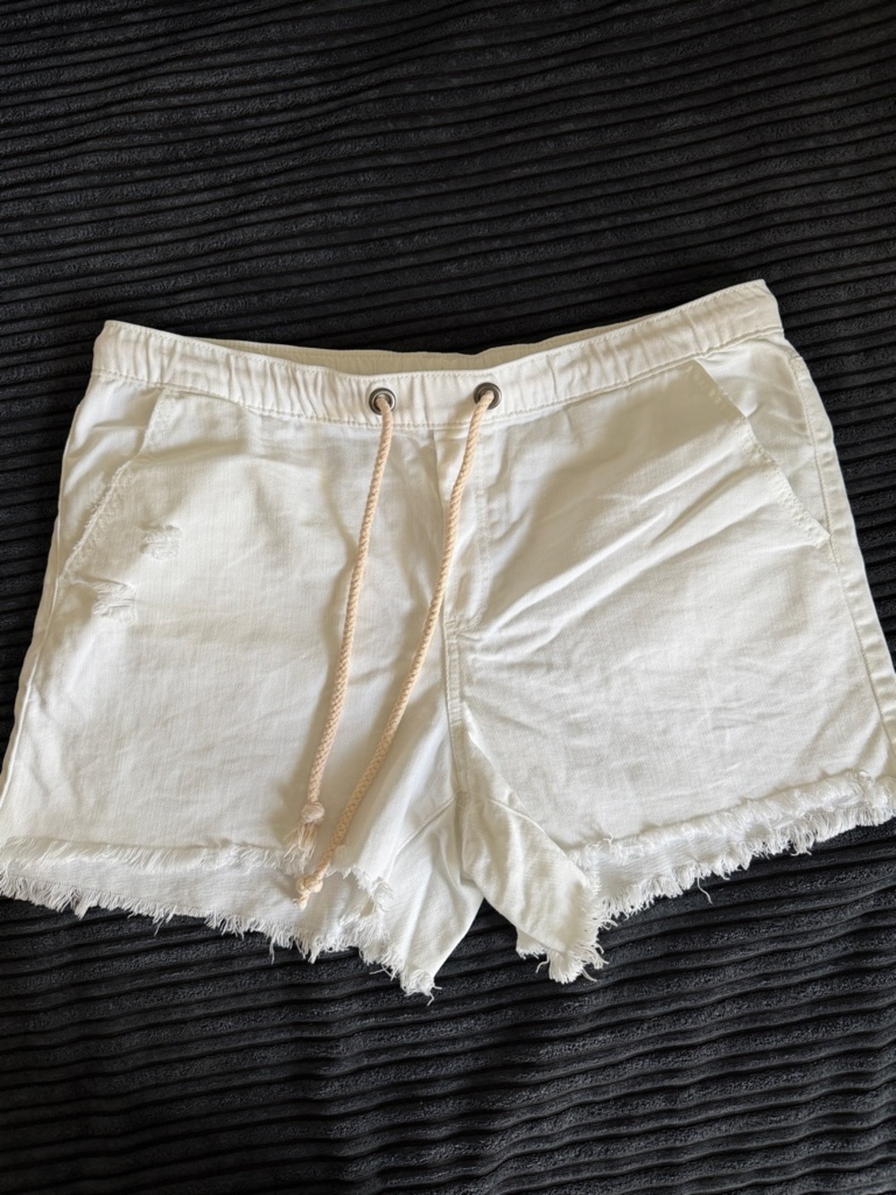 aerie White Distressed Drawstring Jean Shorts